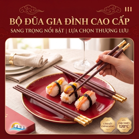 Đũa Gỗ Ăn Cơm Cao Cấp Khảm Tre Vàng Sang Trọng Chống Trượt Chịu Nhiệt Không Ẩm Mốc An Toàn HADU