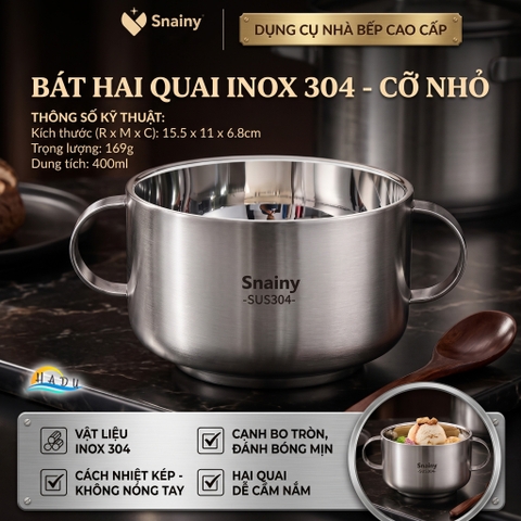 Bát Tô Chén Ăn Dặm Inox 304 Hai Quai Cách Nhiệt Chân Không Chống Nóng Cho Bé Snainy