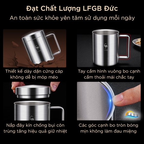 Cốc Giữ Nhiệt Inox 316L SSGP 420ml, 2 Lớp Chân Không, Tay Cầm Vuông, Có Nắp, Đạt Chất Lượng LFGB Đức