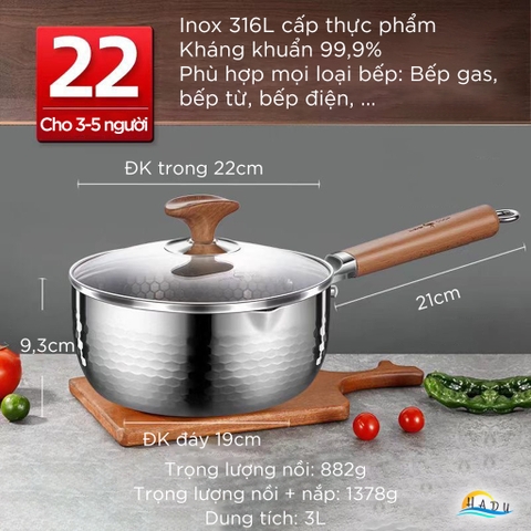 Nồi Inox 316L Bếp Từ SSGP 22cm (3L) Tay Cầm Gỗ Sồi, 5 Lớp, Đạt Chất Lượng LFGB Đức