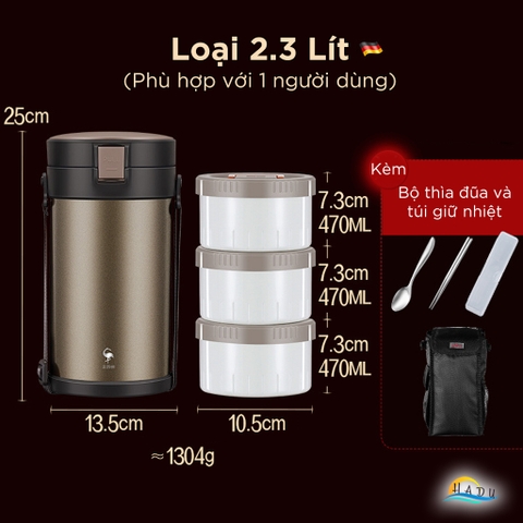 Hộp Cơm Giữ Nhiệt Inox 316L SSGP 2.3L, Giữ Nóng 12 Giờ, Nhiều Ngăn, Đạt Chất Lượng LFGB Đức