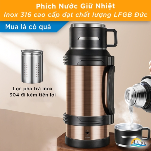 Phích Nước Giữ Nhiệt Inox 316L SSGP 3L, Giữ Nóng 60 Giờ, Tay Cầm Gấp Gọn, Kèm Lõi Trà, Đạt Chất Lượng LFGB Đức