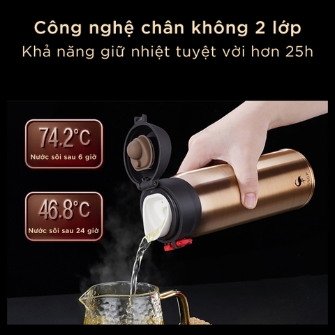 Bình Giữ Nhiệt Inox 316 Cao Cấp 480ml, Giữ Nhiệt 24h, Nắp Khóa 3 Lớp An Toàn, Kiểu Nhật Bản, Màu Vàng Đồng SSGP