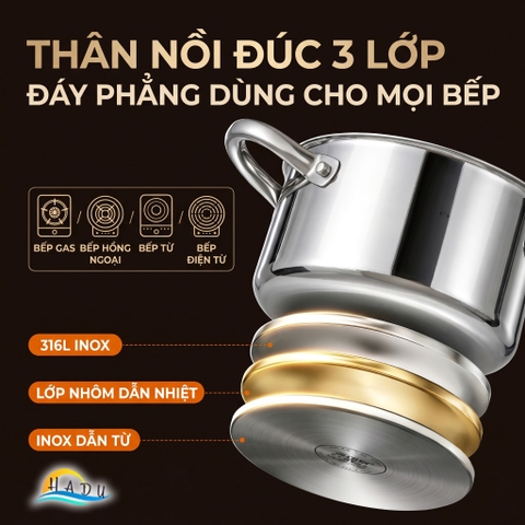 Nồi Inox 316L Cao Cấp Đúc 3 Lớp Chống Tràn Dùng Bếp Từ Bếp Gas 22cm 24cm SSGP
