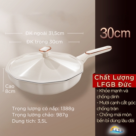 Chảo Chống Dính Bếp Từ SSGP 30cm, Nắp Xoay Điều Áp, Phủ Đá Y Tế, Màu Trắng, Đạt Chất Lượng LFGB Đức