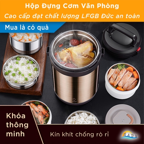 Hộp Đựng Cơm Giữ Nhiệt Inox 304 Cao Cấp, Công Nghệ Chân Không 6 Lớp, Kèm Túi Giữ Nhiệt, Đáy Silicone Chống Trơn, Màu Vàng Đồng SSGP