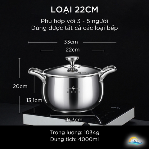 Nồi Hầm Inox 316L SSGP Đáy 5 Lớp, 22cm, 24cm, Kháng Khuẩn, Đạt Chất Lượng LFGB Đức