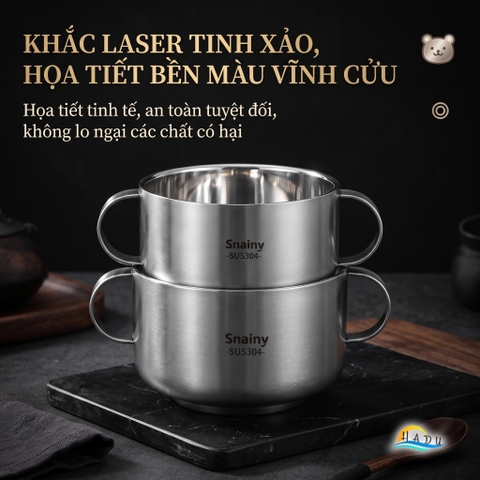 Bát Tô Chén Ăn Dặm Inox 304 Hai Quai Cách Nhiệt Chân Không Chống Nóng Cho Bé Snainy