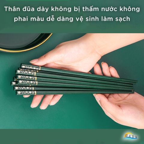 Bộ 5 Đôi Đũa Sợi Thủy Tinh HADU Họa Tiết Hoa Anh Đào, Kháng Khuẩn, Chống Trơn, 24.3cm, Màu Xanh Bắc Âu