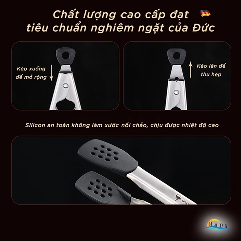 Kẹp Gắp Thức Ăn Inox 304 SSGP, Đầu Bọc Silicone, Không Trầy Xước Nồi, Dài 29.5cm, Đạt Chất Lượng LFGB Đức