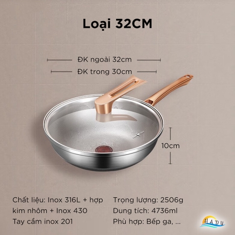 Chảo Tổ Ong Inox 316L Chống Xước SSGP 32cm, Phủ Titanium, Đáy 3 Lớp, Đạt Chất Lượng LFGB Đức
