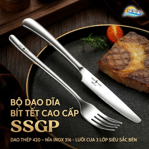 Bộ Dao Dĩa Bít Tết Cao Cấp SSGP Dao Thép 420 Nĩa Inox 316 Lưỡi Cưa 3 Lớp Siêu Sắc Bén