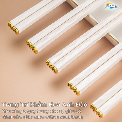 Bộ 5 Đôi Đũa Sợi Thủy Tinh HADU Họa Tiết Hoa Anh Đào, Chống Trơn, Chống Mốc, 24.3cm, Màu Trắng