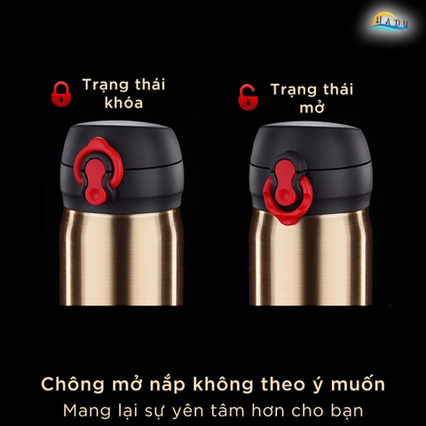 Bình Giữ Nhiệt Inox 316 Cao Cấp 480ml, Giữ Nhiệt 24h, Nắp Khóa 3 Lớp An Toàn, Kiểu Nhật Bản, Màu Vàng Đồng SSGP