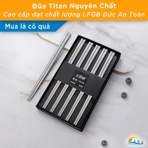 Hộp 5 Đôi Đũa Titan Nguyên Chất 99.8% SSGP Siêu Nhẹ, Đũa Ăn Cơm Rỗng Cách Nhiệt, Chống Mốc Đạt Chất Lượng LFGB Đức