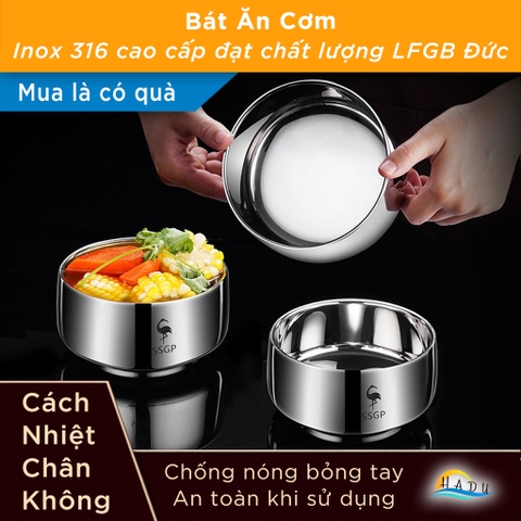 Bát Ăn Cơm Inox 316L SSGP, 2 Lớp Cách Nhiệt Chống Nóng, 380ml, Đạt Chất Lượng LFGB Đức