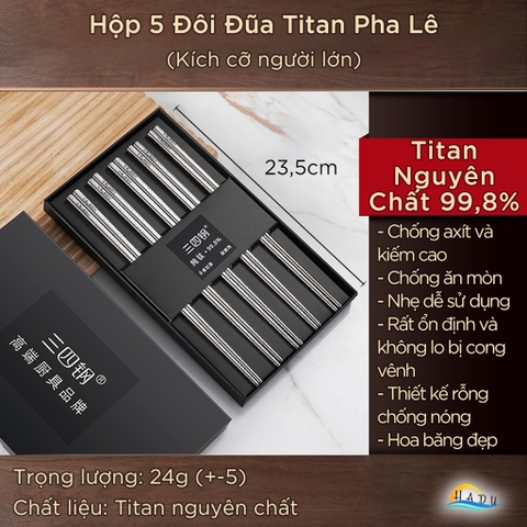 Hộp 5 Đôi Đũa Titan Nguyên Chất 99.8% SSGP Siêu Nhẹ, Đũa Ăn Cơm Rỗng Cách Nhiệt, Chống Mốc Đạt Chất Lượng LFGB Đức
