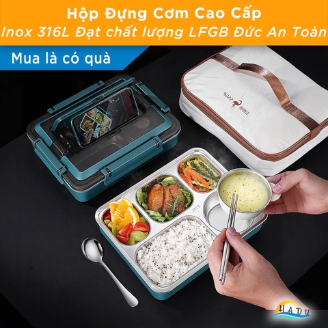 Hộp Cơm Văn Phòng Inox 316L SSGP 4 Ngăn, Hộp Đựng Cơm Quay Lò Vi Sóng Kèm Túi Giữ Nhiệt, Bát Canh