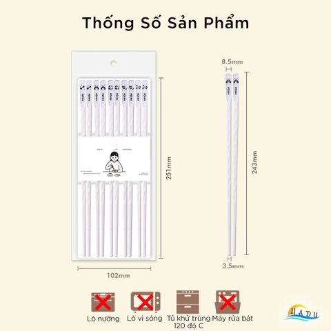 Bộ 5 Đôi Đũa Sợi Thủy Tinh HADU Kháng Khuẩn, Chống Mốc, Đầu Nhám Chống Trơn, Màu Trắng