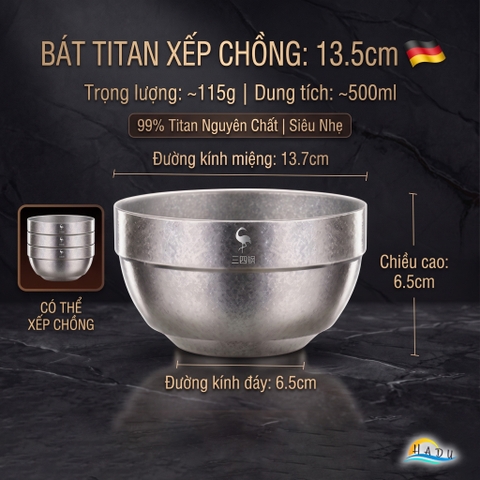 Bát Titan Cách Nhiệt 2 Lớp SSGP, Nguyên Chất, Siêu Nhẹ 100g, 11.5cm, Đạt Chất Lượng LFGB Đức