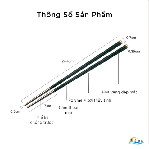 Bộ 10 Đôi Đũa Inox 304 HADU, Tay Cầm Chống Trượt, Kháng Khuẩn Ag+, Cách Nhiệt, 24.3cm