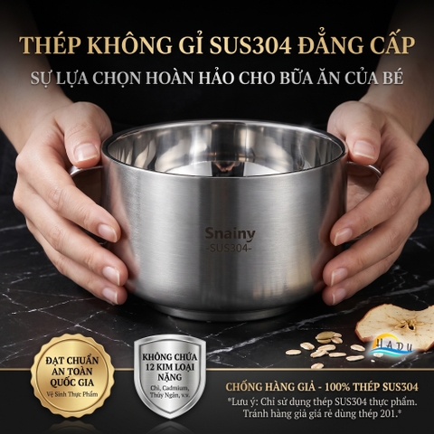 Bát Tô Chén Ăn Dặm Inox 304 Hai Quai Cách Nhiệt Chân Không Chống Nóng Cho Bé Snainy
