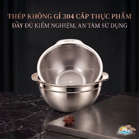Bộ Rổ Chậu Thau Inox 304 Cao Cấp Dày Dặn Đa Năng Rửa Rau Vo Gạo Trộn Bột 25cm 27cm SSGP