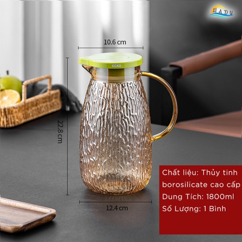 Bộ Bình và Cốc Thủy Tinh CCKO, Bình 1.8L Nắp Tự Động, Chịu Nhiệt, Nhiều Màu