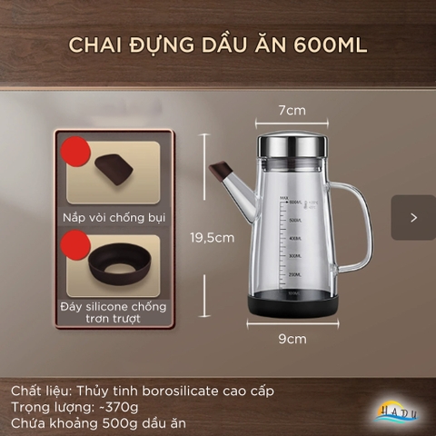 Bình Rót Dầu Ăn Thủy Tinh Borosilicate SSGP 800ml, Vòi Chống Rò Rỉ, Nắp Inox 304, Đạt Chất Lượng LFGB Đức
