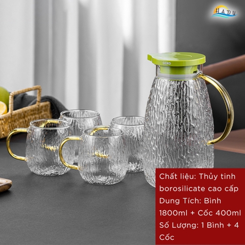 Bộ Bình và Cốc Thủy Tinh CCKO, Bình 1.8L Nắp Tự Động, Chịu Nhiệt, Nhiều Màu