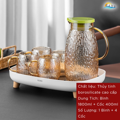 Bộ Bình và Cốc Thủy Tinh CCKO, Bình 1.8L Nắp Tự Động, Chịu Nhiệt, Nhiều Màu
