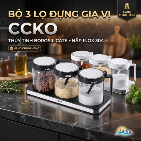 Bộ 3 Hũ Đựng Gia Vị Thủy Tinh CCKO, Nắp Vỏ Sò, Kèm Thìa và Khay