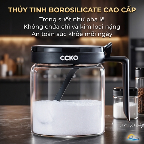 Bộ 3 Hũ Đựng Gia Vị Thủy Tinh CCKO, Nắp Vỏ Sò, Kèm Thìa và Khay