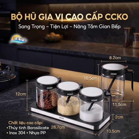 Bộ 3 Hũ Đựng Gia Vị Thủy Tinh CCKO, Nắp Vỏ Sò, Kèm Thìa và Khay