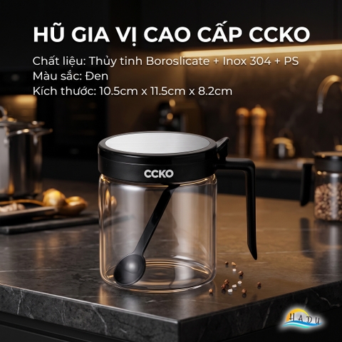 Bộ 3 Hũ Đựng Gia Vị Thủy Tinh CCKO, Nắp Vỏ Sò, Kèm Thìa và Khay