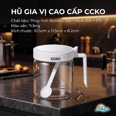 Bộ 3 Hũ Đựng Gia Vị Thủy Tinh CCKO, Nắp Vỏ Sò, Kèm Thìa và Khay