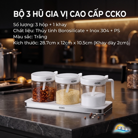 Bộ 3 Hũ Đựng Gia Vị Thủy Tinh CCKO, Nắp Vỏ Sò, Kèm Thìa và Khay