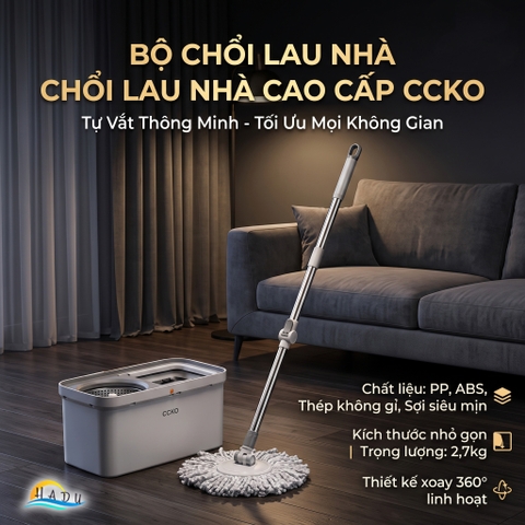 Bộ Lau Nhà Xoay 360° CCKO, Tự Giặt và Vắt Thông Minh, Kèm 2 Bông Lau Microfiber