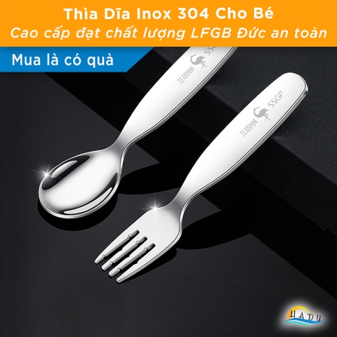 Thìa Dĩa Ăn Dặm Cho Bé SSGP, Inox 304, Đầu Bo Tròn An Toàn, 13cm, Đạt Chất Lượng LFGB Đức