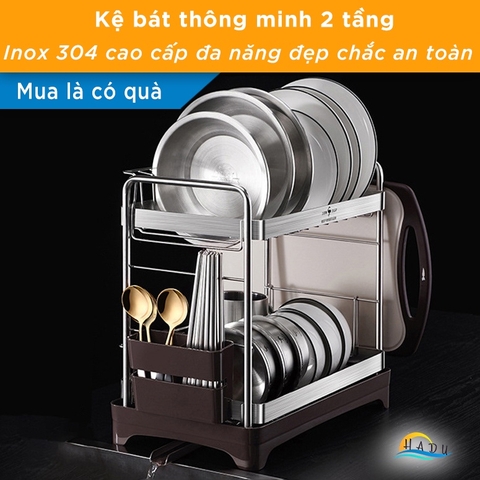 Kệ Úp Bát Đĩa 2 Tầng Inox 304 SSGP, Van Thoát Nước Xoay 360°, Kèm Giá Đựng Đũa, Thớt, Đạt Chất Lượng LFGB Đức