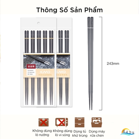 Đũa Ăn Cơm Kiểu Nhật Bản Cao Cấp HADU - Màu Đen Sang Trọng, Viền Kim Loại "King Of Ring", Chống Mốc, Chịu Nhiệt 120°C