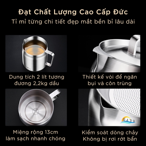 Bình Lọc Dầu Ăn Inox 304 SSGP, Kèm Lưới Lọc Mịn, Vòi Rót, Đạt Chất Lượng LFGB Đức