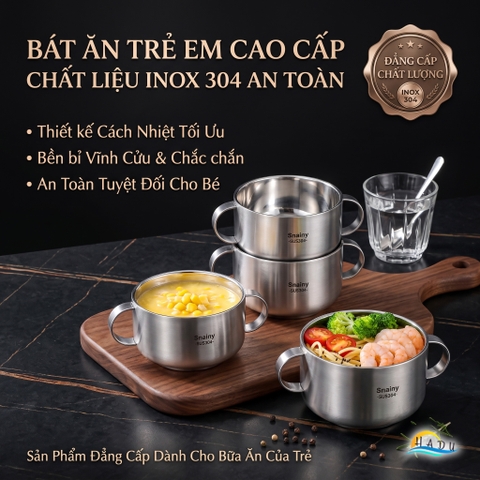 Bát Tô Chén Ăn Dặm Inox 304 Hai Quai Cách Nhiệt Chân Không Chống Nóng Cho Bé Snainy