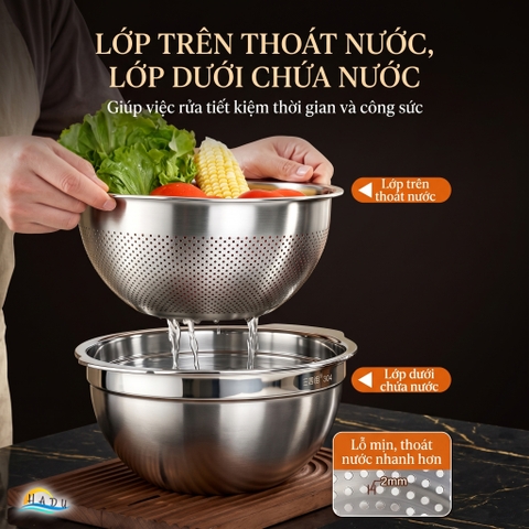 Bộ Rổ Chậu Thau Inox 304 Cao Cấp Dày Dặn Đa Năng Rửa Rau Vo Gạo Trộn Bột 25cm 27cm SSGP