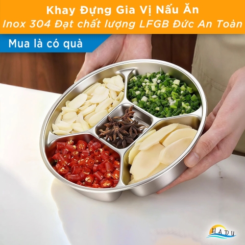 Khay Inox 304 Chia 5 Ngăn Cao Cấp SSGP, Đĩa Đựng Gia Vị Chuẩn Bị Nguyên Liệu Nấu Ăn Đạt Chất Lượng LFGB Đức