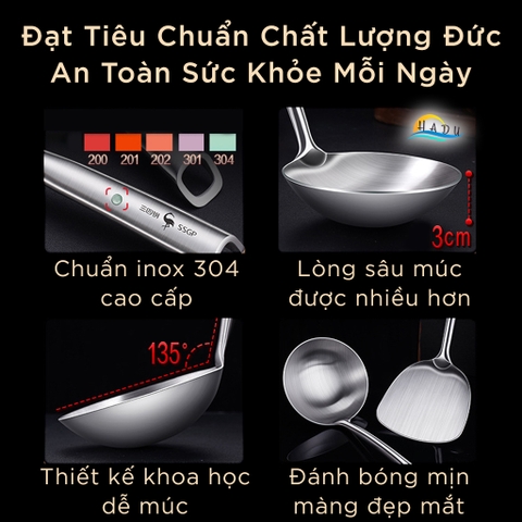 Muôi Múc Canh Inox 304 SSGP, Lòng Sâu, Tay Cầm Cách Nhiệt, Dài 34.5cm, Đạt Chất Lượng LFGB Đức