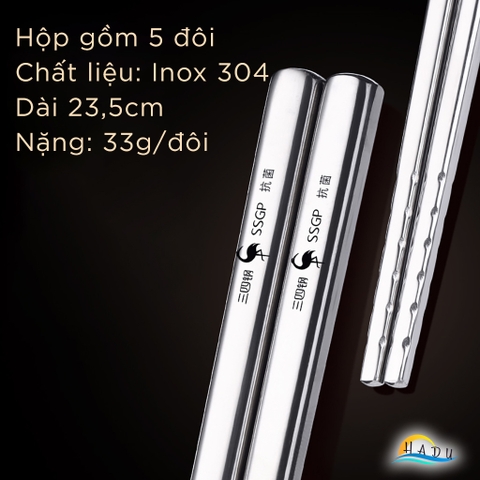 [Hộp 5 Đôi] Đũa Inox 304 Chống Trượt Cao Cấp Kiểu Hàn Quốc Đạt Chất Lượng Đức SSGP