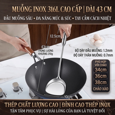 Xẻng Sạn Xào Chiên Lật Inox 316L Cao Cấp Cán Dài 43cm Bo Tròn An Toàn Đạt Chất Lượng LFGB Đức SSGP