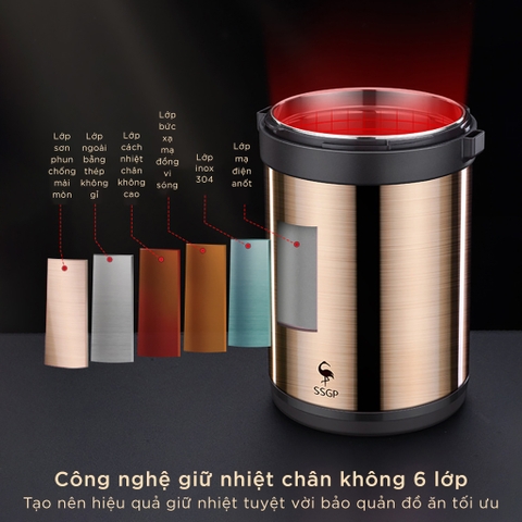 Hộp Đựng Cơm Giữ Nhiệt Inox 304 Cao Cấp, Công Nghệ Chân Không 6 Lớp, Kèm Túi Giữ Nhiệt, Đáy Silicone Chống Trơn, Màu Vàng Đồng SSGP