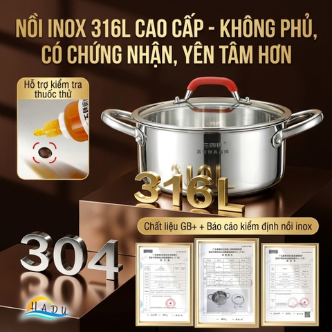 Nồi Inox 316L Cao Cấp Đúc 3 Lớp Chống Tràn Dùng Bếp Từ Bếp Gas 22cm 24cm SSGP
